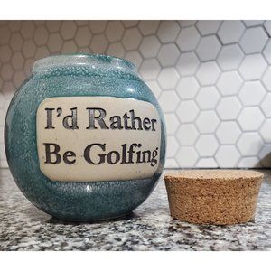 Tumbleweed Pottery I'd Rather Be Golfing Drip Glaze Coin Jar with Cork Lid